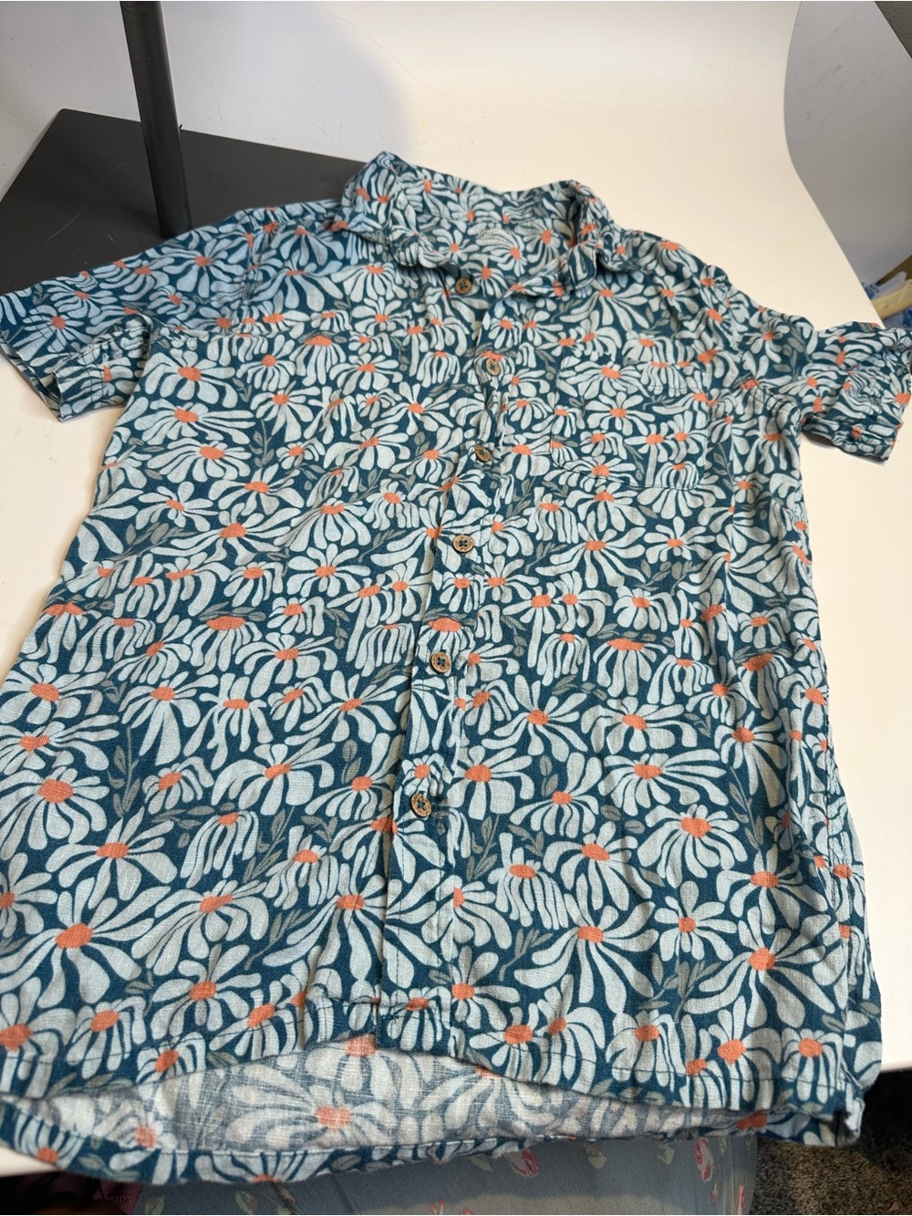 Kids' Short-Sleeve Button-Down Shirt — Teal Floral